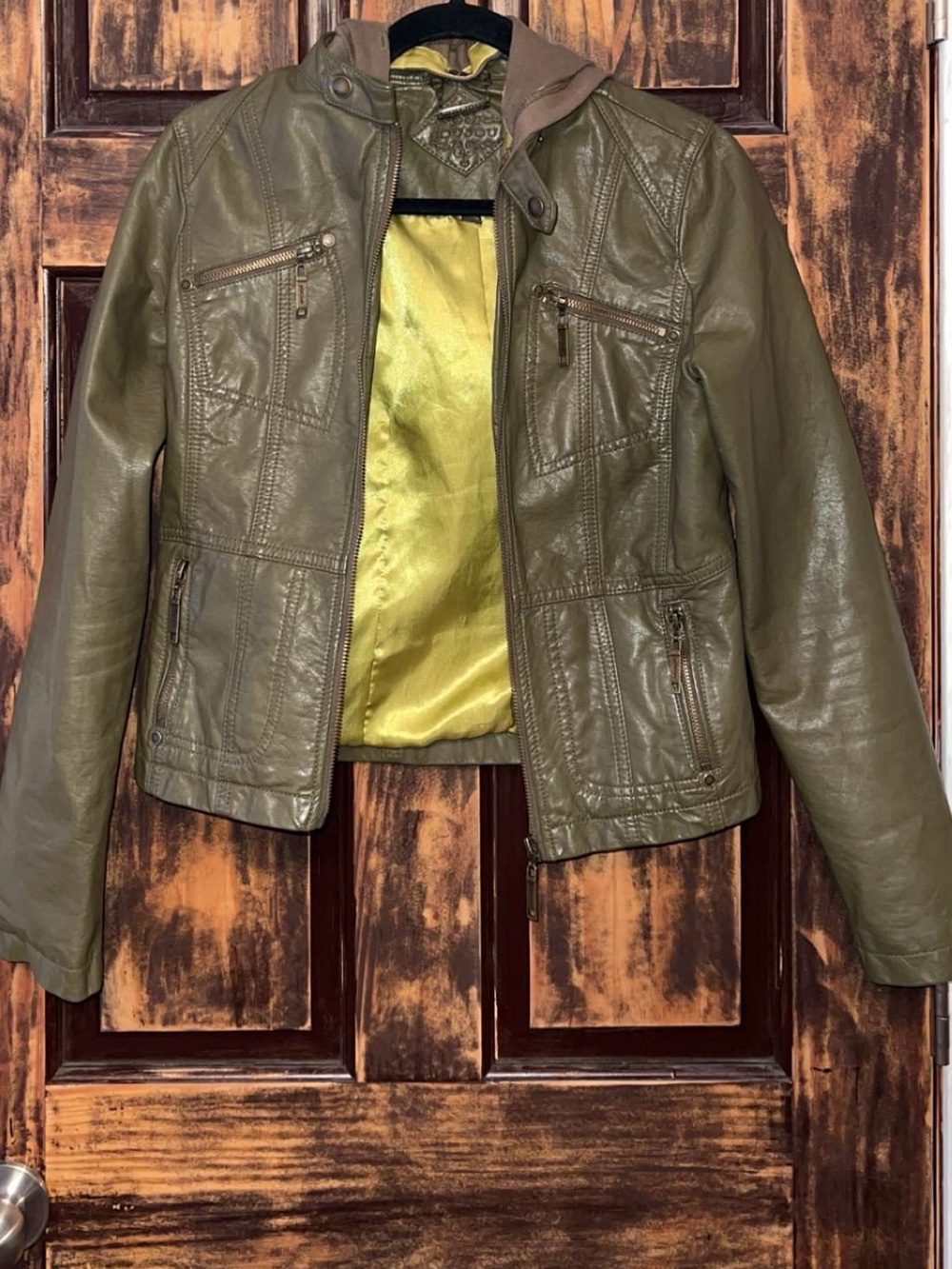 Olive Green Leather Jacket with Hood